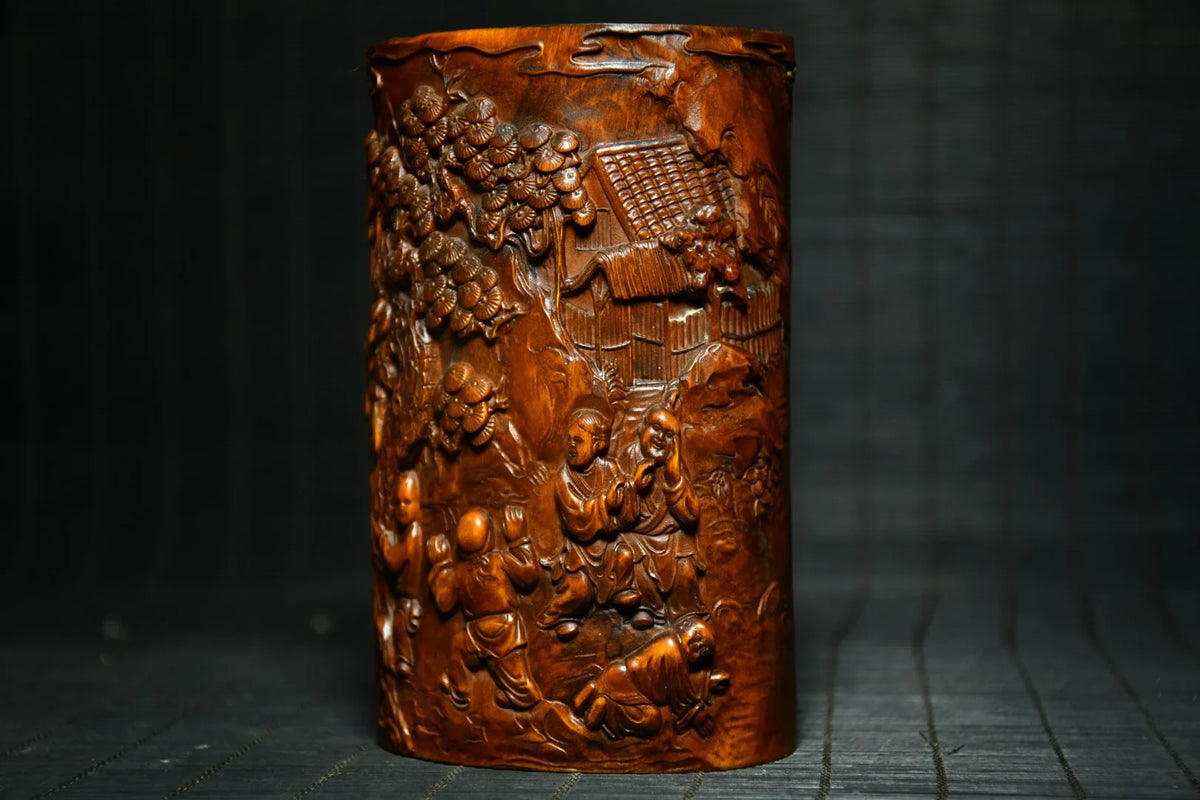Tibetan Temple Boxwood Pen Holder – Golden Boy & Jade Girl Playing (Study Treasure)