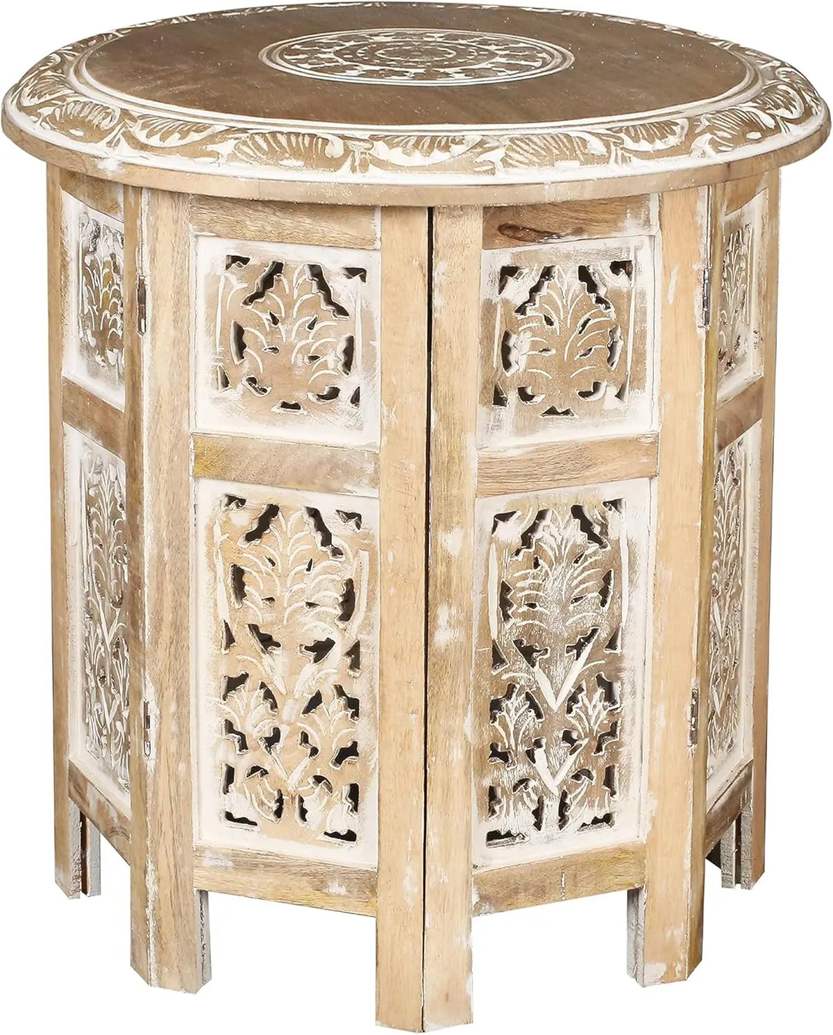 Wooden Coffee Table, Round End Table, Hand-Carved Side Table – 18" Octagonal, White Wash