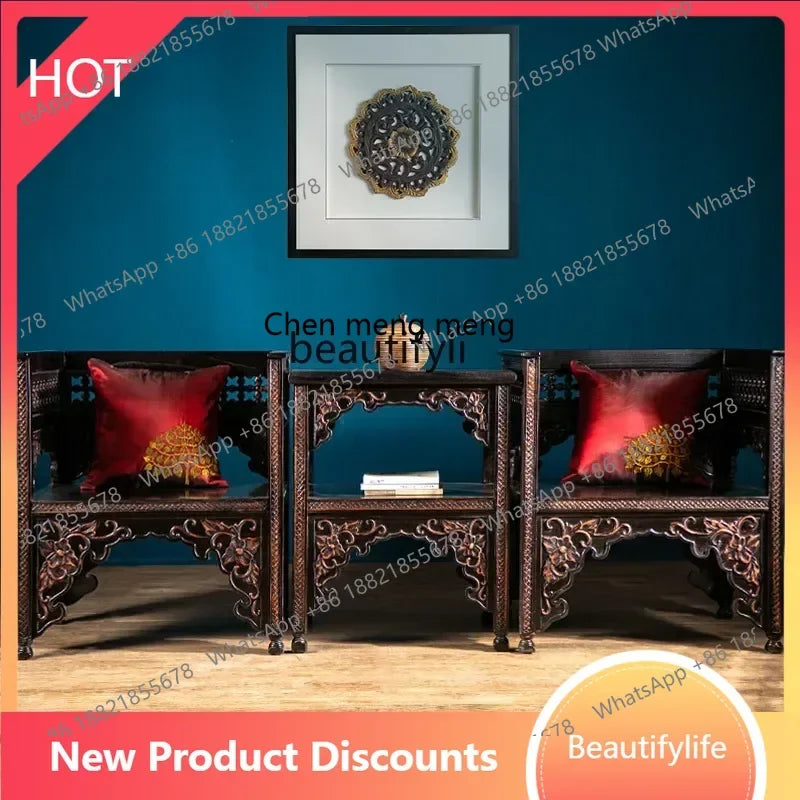 Classical Hand-Carved Chinese Elm Armchair – Solid Wood Vintage Salon Chair