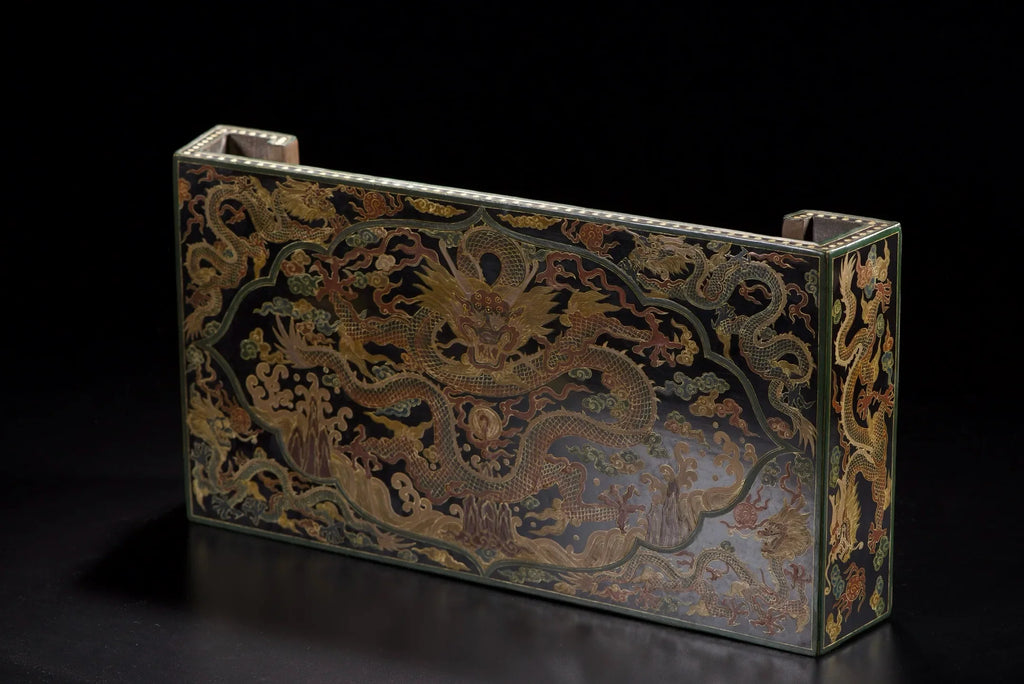 Vintage Chinese Wooden Lacquerware Altar Tea Table Outlined in Gold Dragon Design
