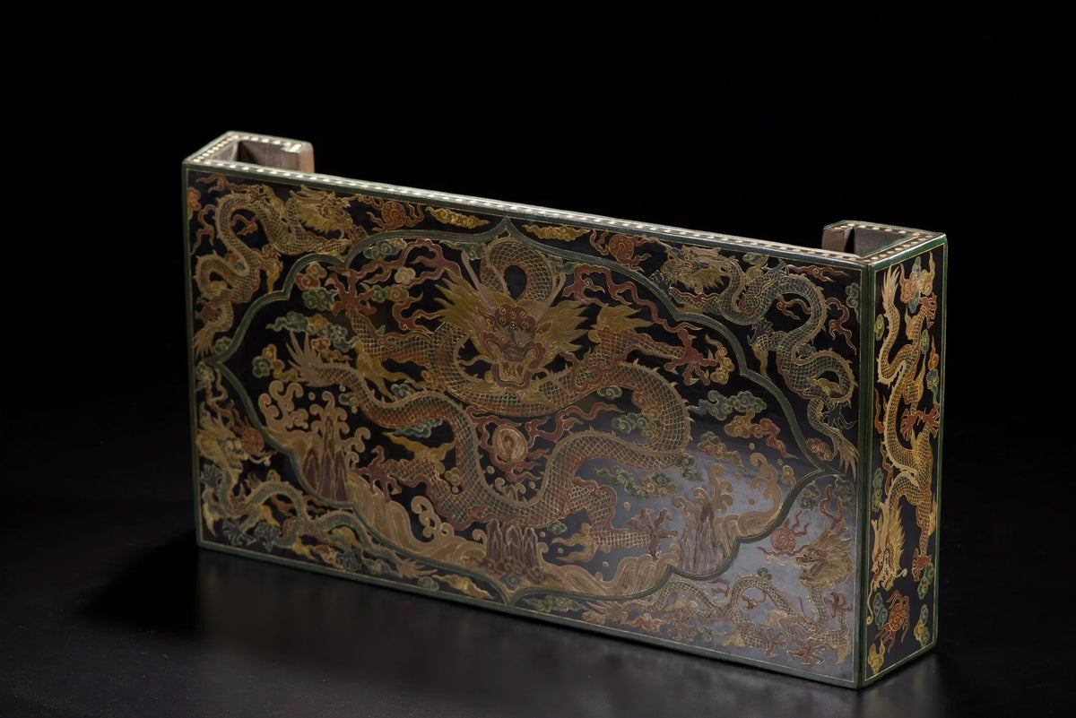 Vintage Chinese Wooden Lacquerware Altar Tea Table Outlined in Gold Dragon Design