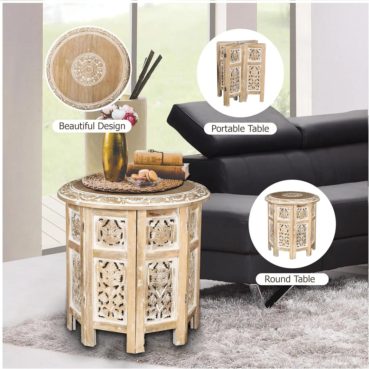 Wooden Coffee Table, Round End Table, Hand-Carved Side Table – 18" Octagonal, White Wash