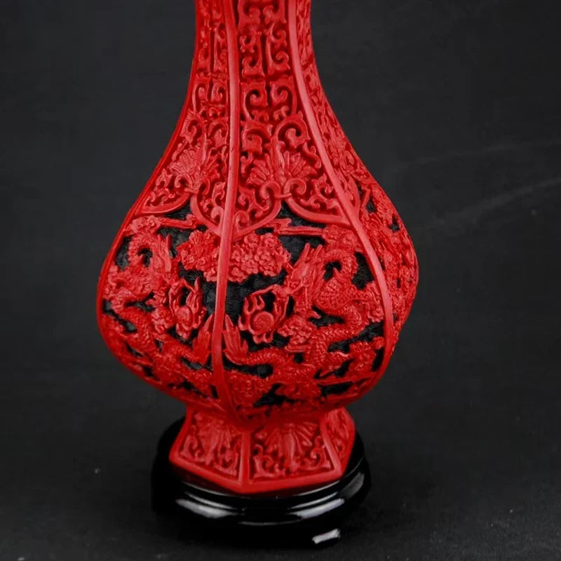 Red Lacquer Dragon Vase, 10" Chinese Auspicious Decor
