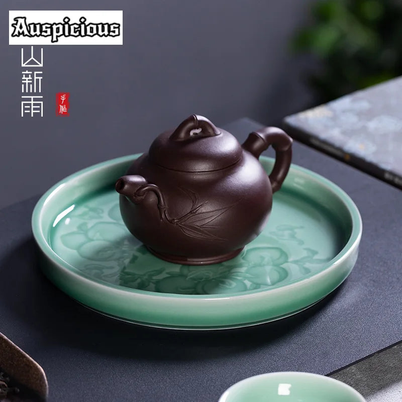 Handmade Celadon “Longevity Peach” Pot Stand – Small Tea Tray & Bearing Holder