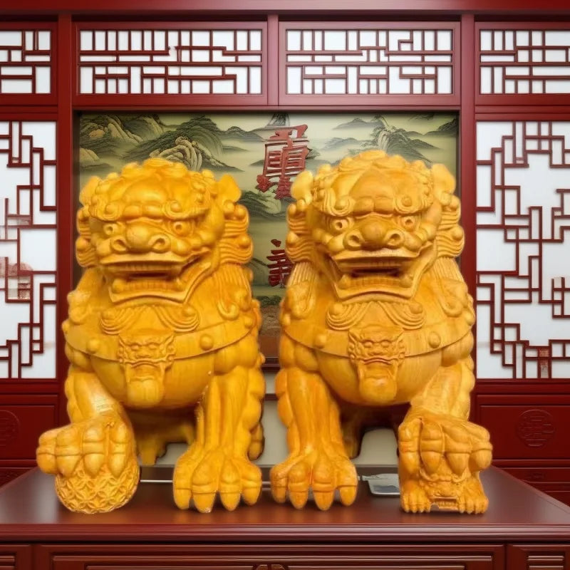 Solid Wood Carving Decorative Ornaments Of Forbidden City Lion ，Handmade，Home Lucky Mascot， Chinese Characteristic Animal Statue