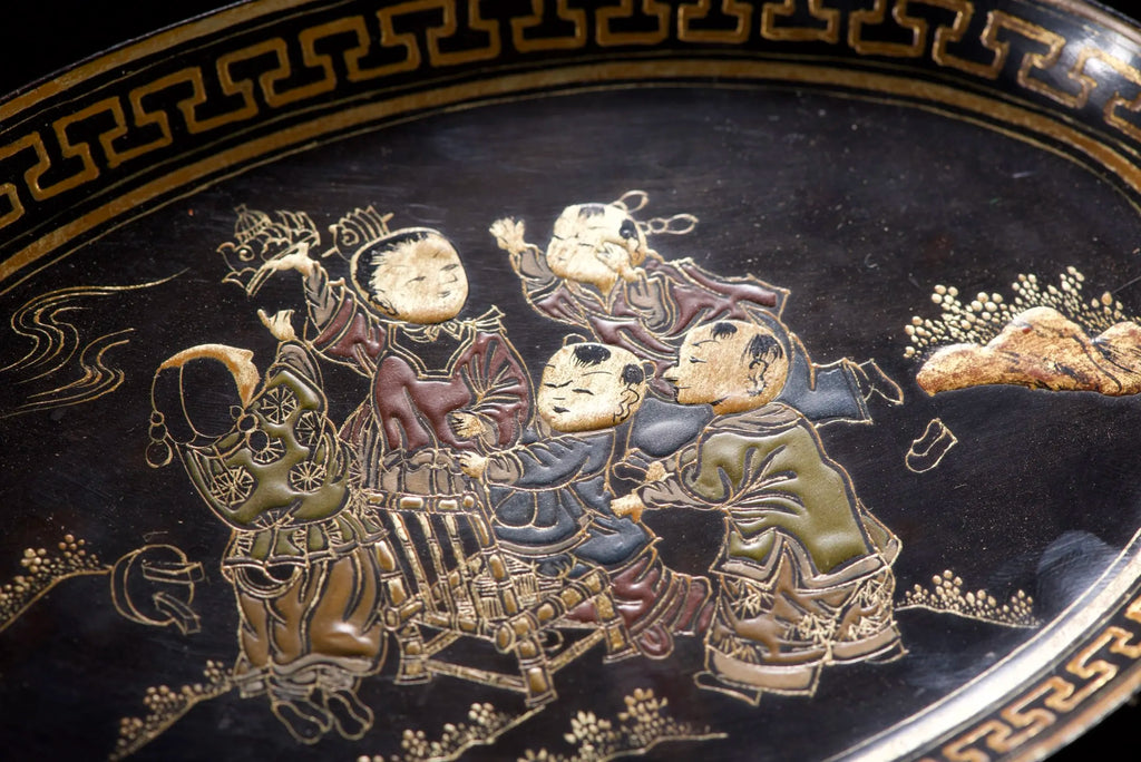 Old Wood Lacquerware Gold-Outlined 'Five Blessings' Decorative Plate