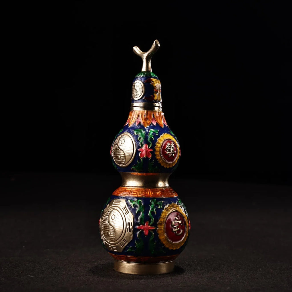 Tibetan Temple Taiji Gourd – Bronze Cloisonné Eight Trigrams Wealth & Protection Amulet (6")
