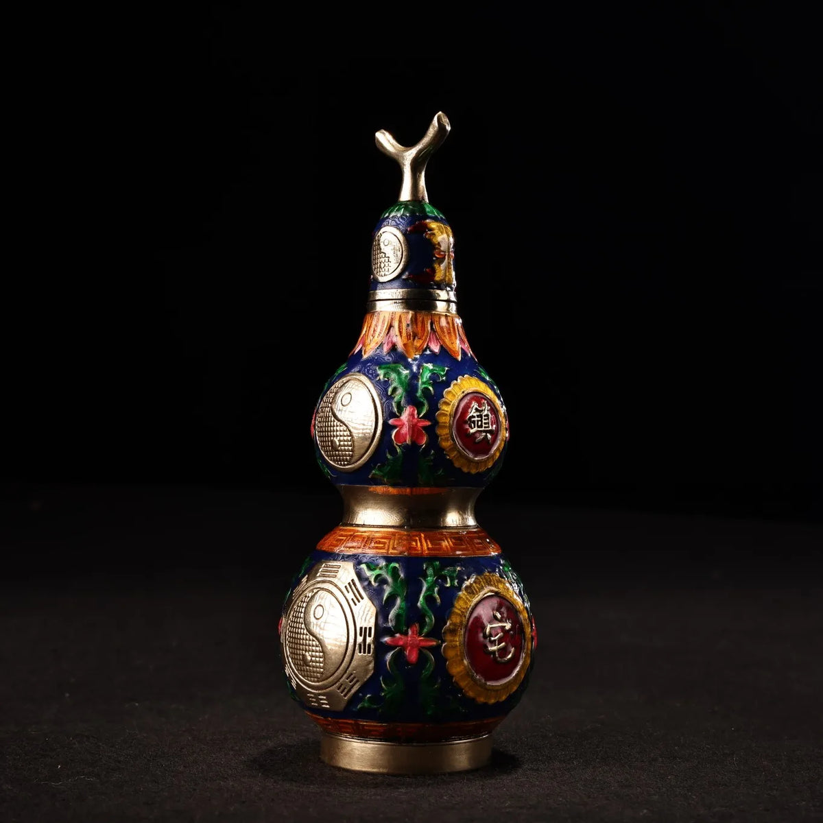 Tibetan Temple Taiji Gourd – Bronze Cloisonné Eight Trigrams Wealth & Protection Amulet (6")