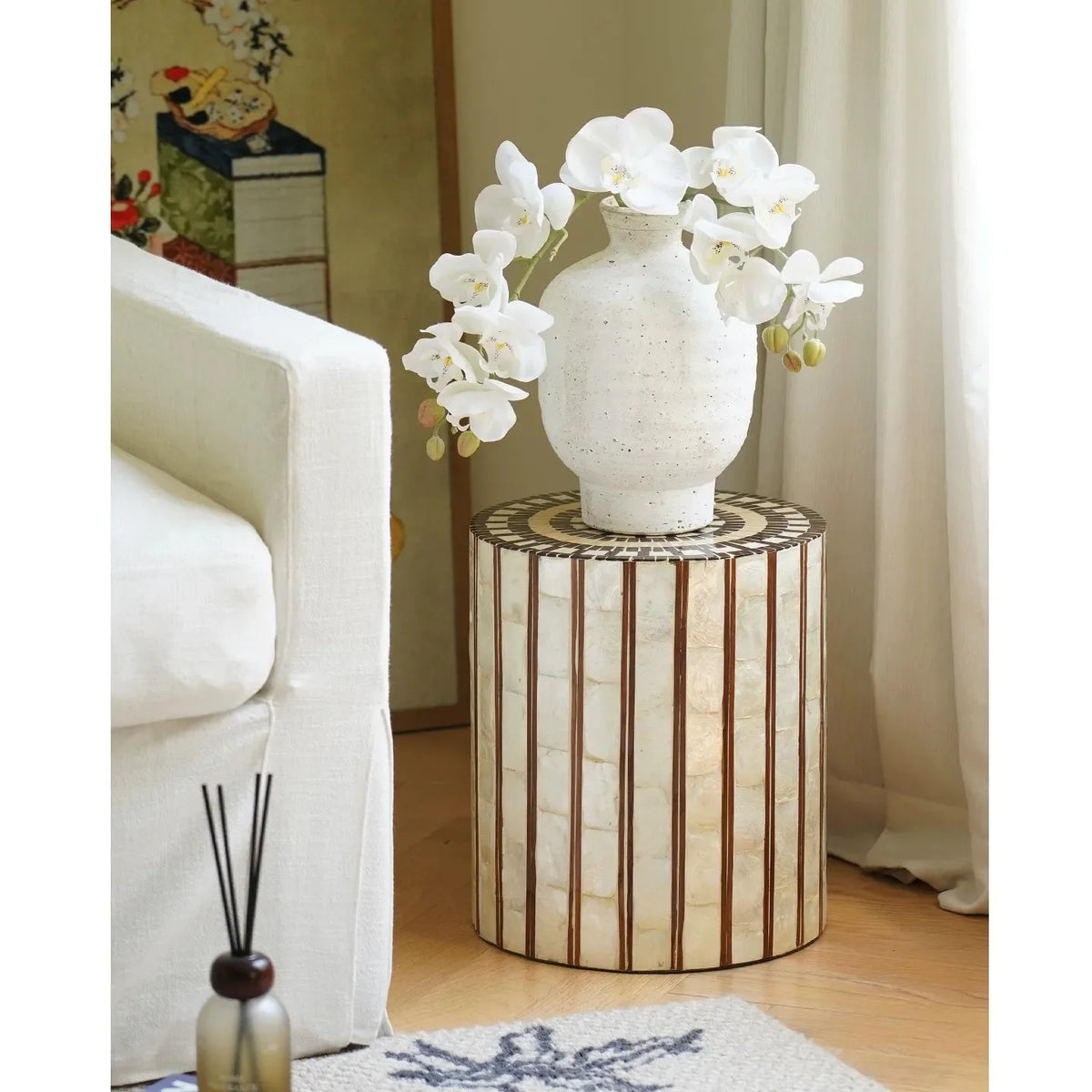 Artisanal Striped Shell Inlay Round Accent Table & Stool