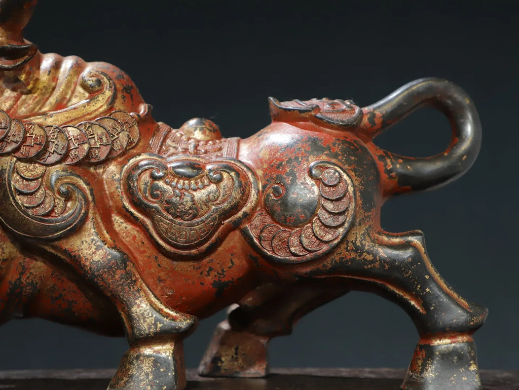 Tibetan Temple Bronze Zodiac Bull – Cinnabar & Mud-Gold Wealth Cattle (14")