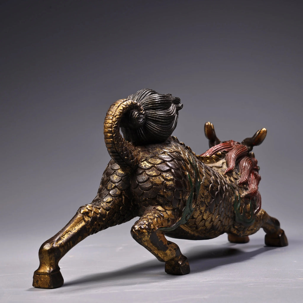 Tibetan Bronze Painted Kirin Wealth Guardian Statue