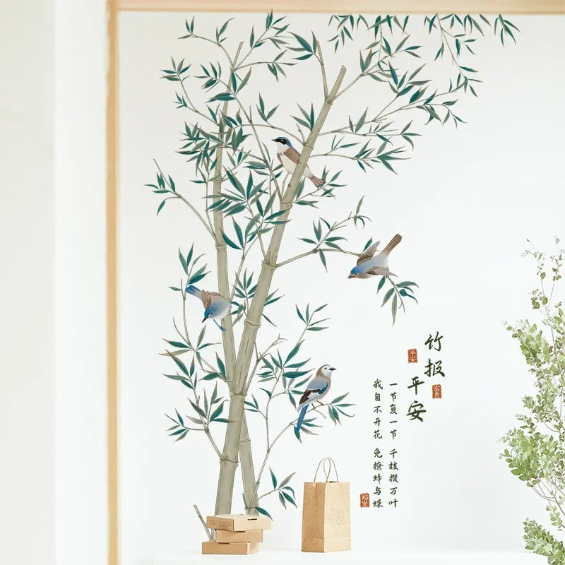 Chinese Ink-Style Bamboo & Songbirds Wall Decal – "Bamboo Bless Peace" Calligraphy Mural
