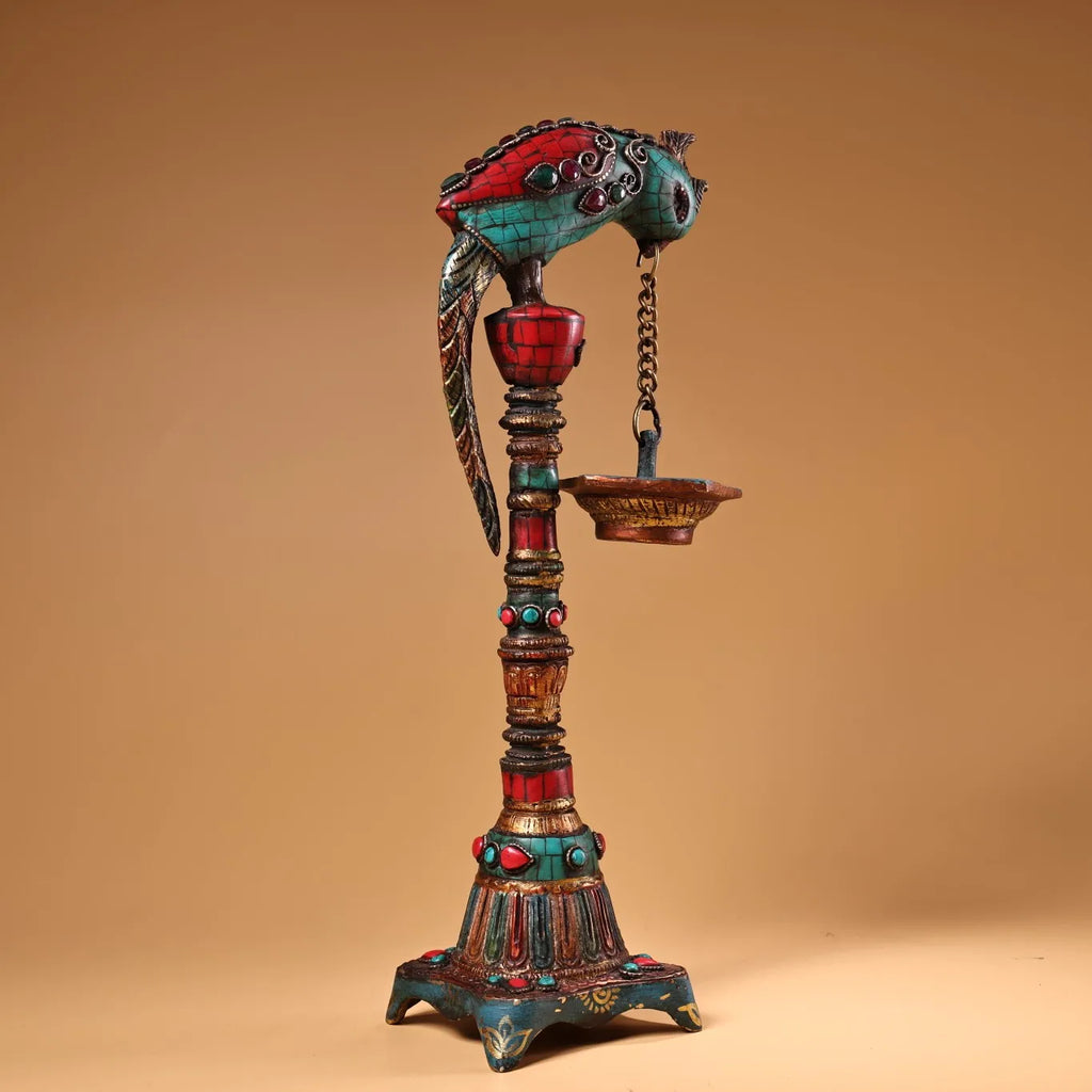 13" Tibetan Temple Bronze Outline in Gold Mosaic Gem Turquoise Buddha Bird Statue Hanging Oil Lamp Lotus Candlestick