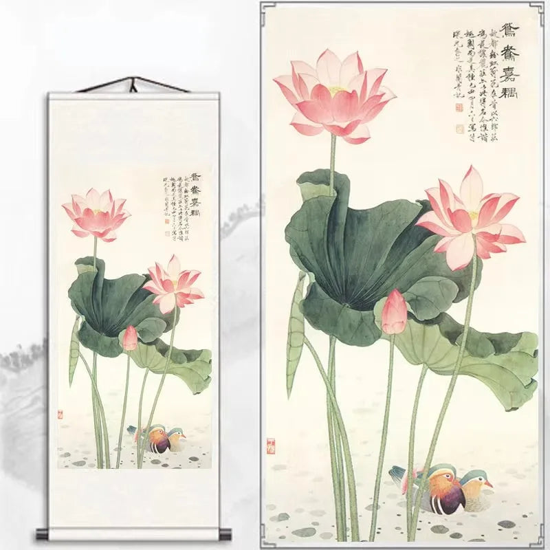 Chinese Style Lotus Scroll Paintings Wall Art Posters Vintage Room Decor Aesthetic Wall Hanging Living Room Office Picture Mural