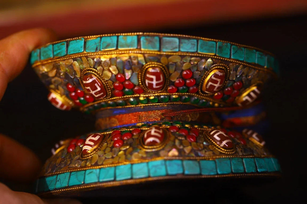 Vintage Tibetan Temple Turquoise Mosaic Damaru – Gzi Bead & Shell Buddhist Drum