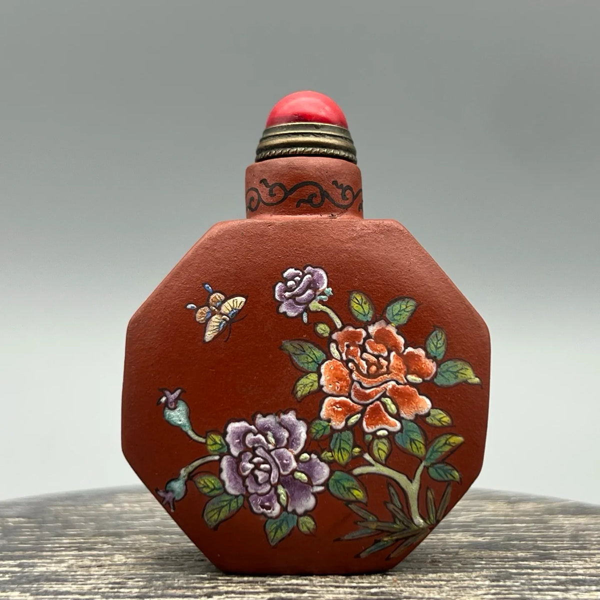Chinese Zisha Purple Clay Snuff Bottle – Handmade Peony Art