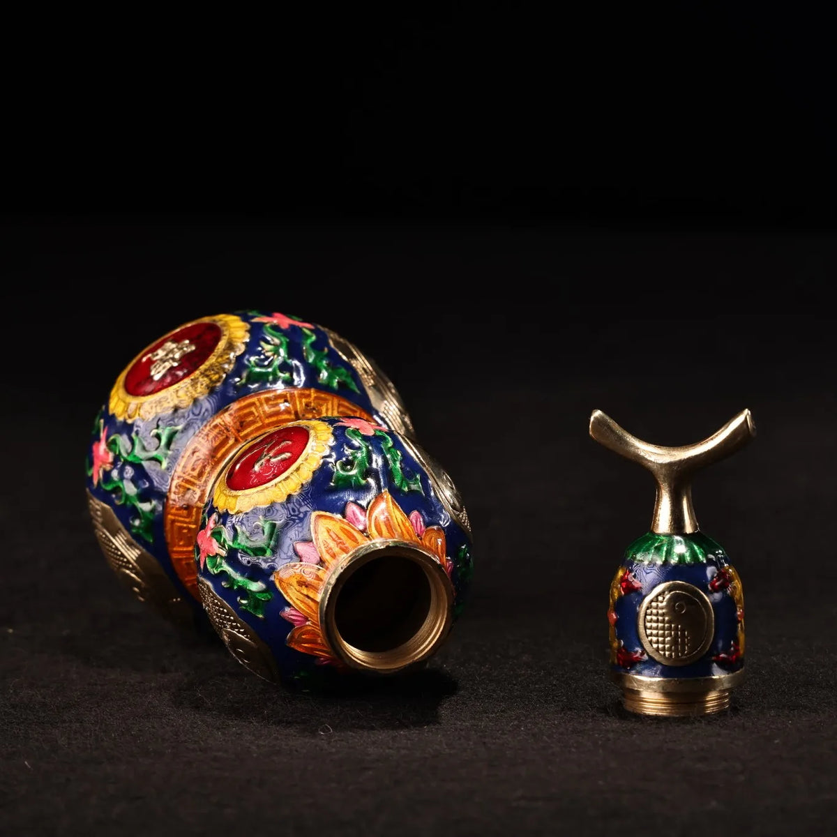 Tibetan Temple Taiji Gourd – Bronze Cloisonné Eight Trigrams Wealth & Protection Amulet (6")