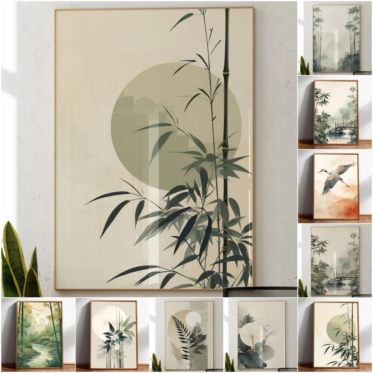 Minimalist Japanese Bamboo Forest & Crane Zen Wall Art Print