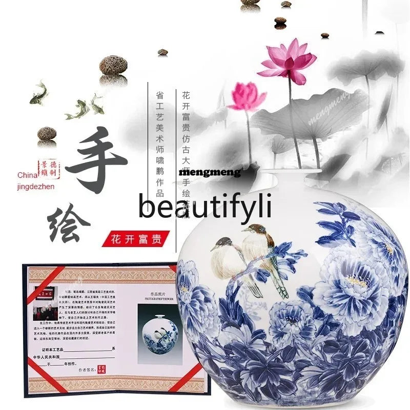 Jingdezhen ceramics hand-painted blue and white porcelain desktop vase living room Chinese home  DD