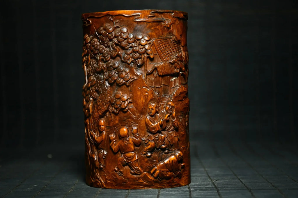 Tibetan Temple Boxwood Pen Holder – Golden Boy & Jade Girl Playing (Study Treasure)