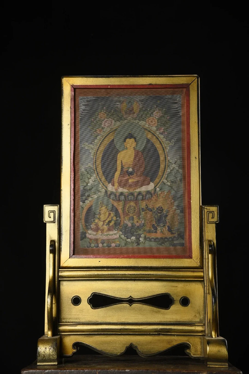 25" Xizang Vintage Lacquerware Gilded True Gold Painted Shakyamuni Two-sided Thangka Screen Insertion