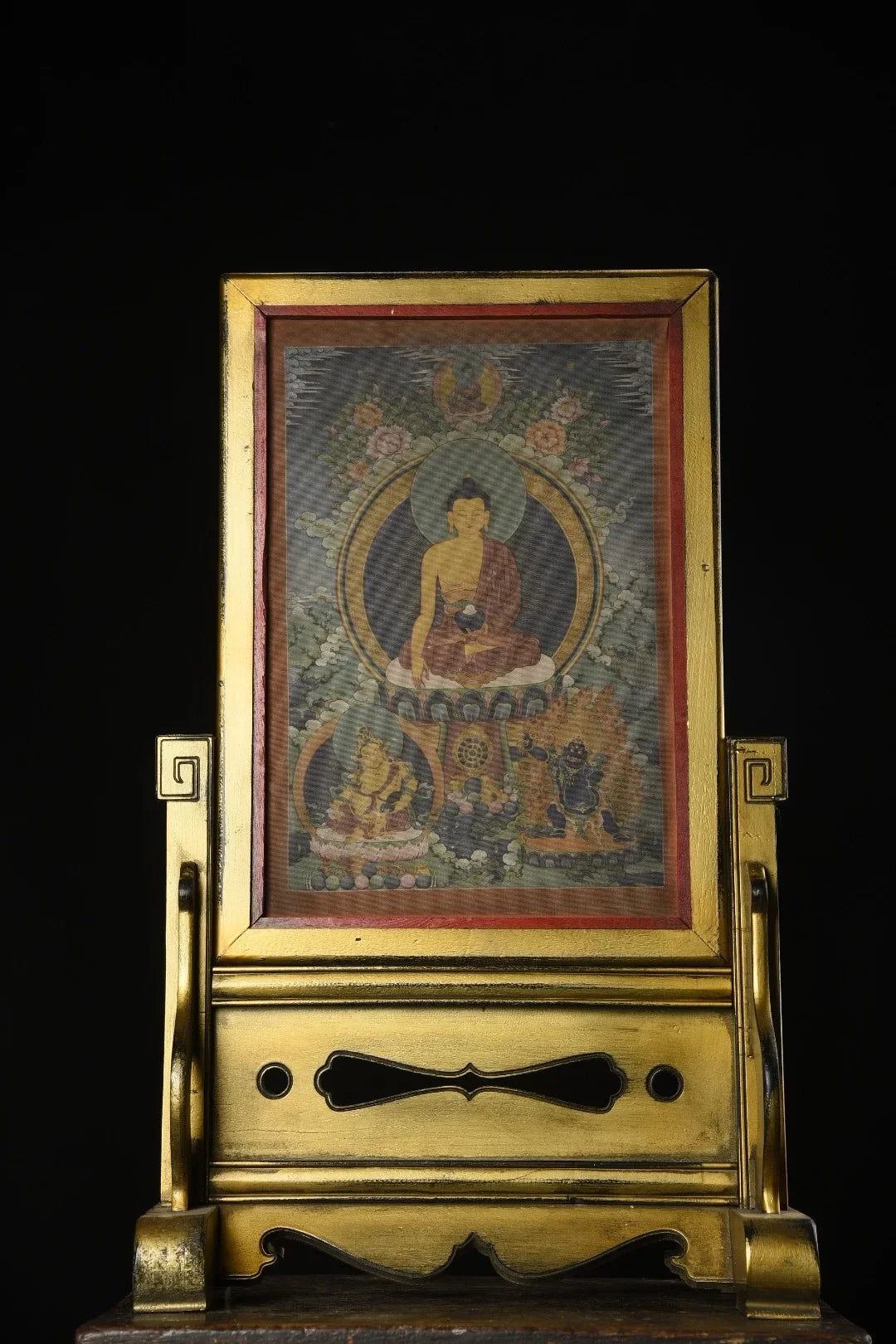 25" Xizang Vintage Lacquerware Gilded True Gold Painted Shakyamuni Two-sided Thangka Screen Insertion