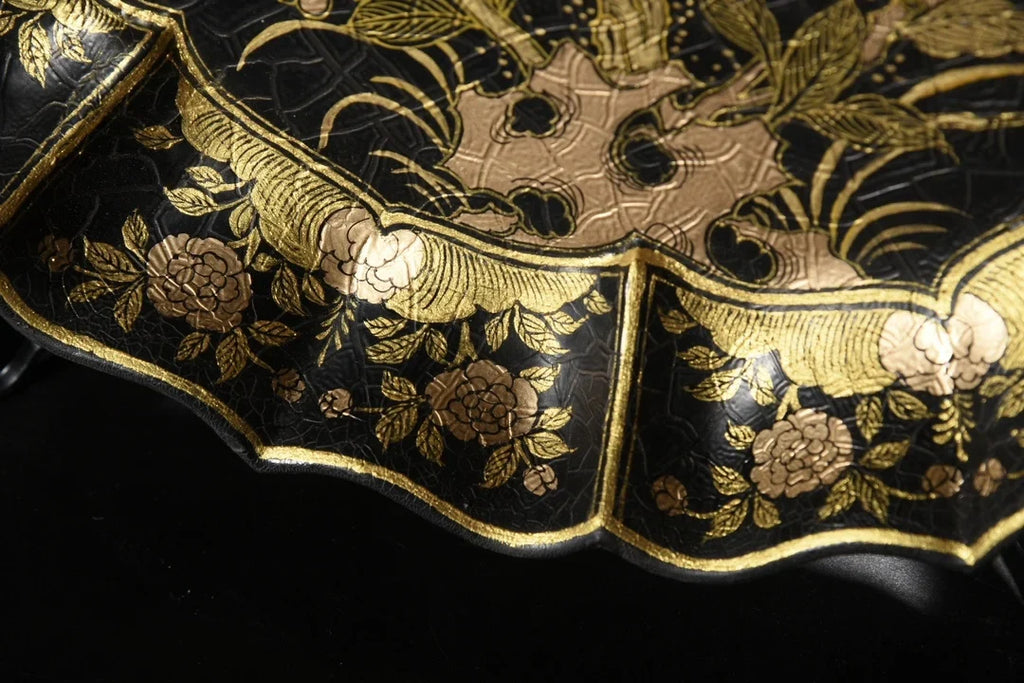 Tibetan Temple Semi-Antique Lacquerware Plate Screen – Fu Longevity, Gold Outline (31cm)