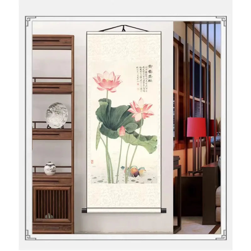 Chinese Style Lotus Scroll Paintings Wall Art Posters Vintage Room Decor Aesthetic Wall Hanging Living Room Office Picture Mural