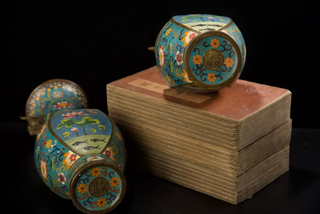 Tibetan Temple Cloisonné Lotus Vases – Old Bronze Dragon-Ear Pair (15")