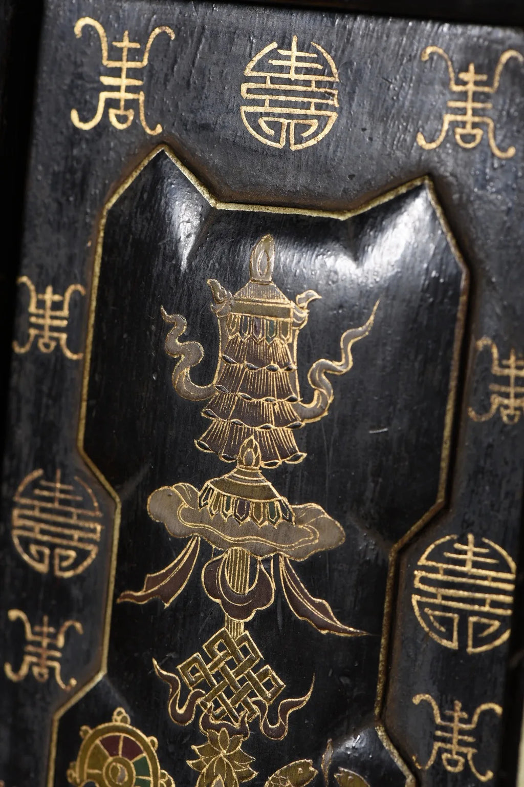 Old Wood Lacquerware Outline in gold Eight Treasures of Tuanshou Pattern Portable Buddhist niche Drawer box Ornaments