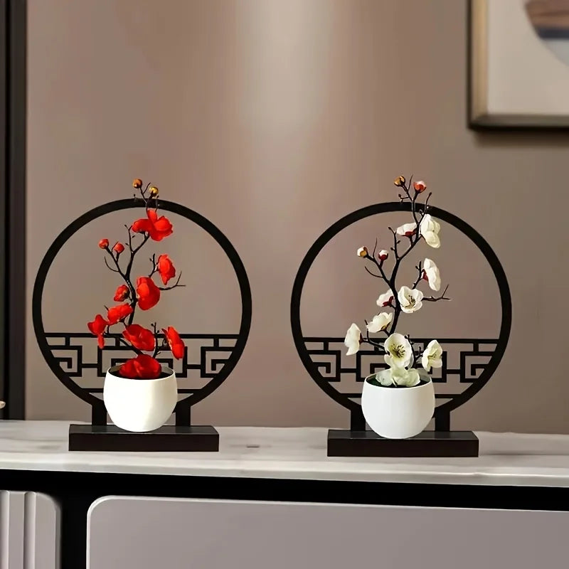 Faux Winter Plum Blossom Bonsai (Meihua) – Oriental Ceramic Tabletop Centerpiece for Tea & Living Rooms