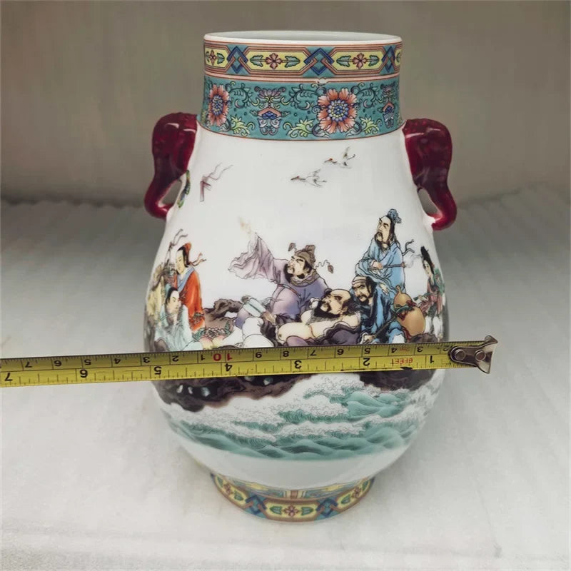 Chinese Old Design Porcelain Double Eared Big Belly Vase Pastel Eight Immortals