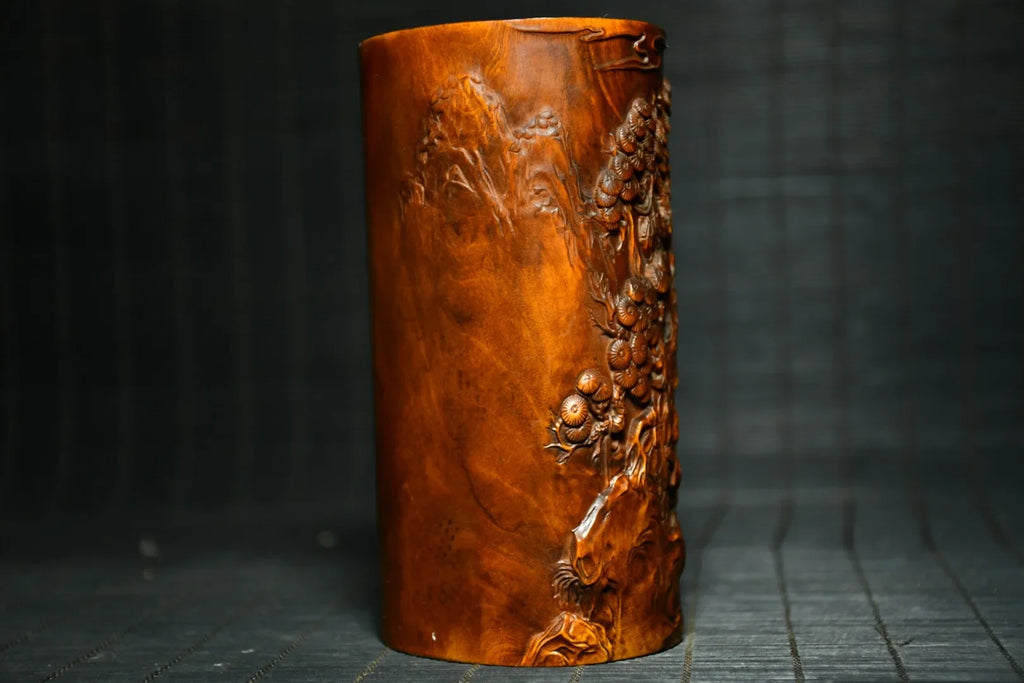 Tibetan Temple Boxwood Pen Holder – Golden Boy & Jade Girl Playing (Study Treasure)