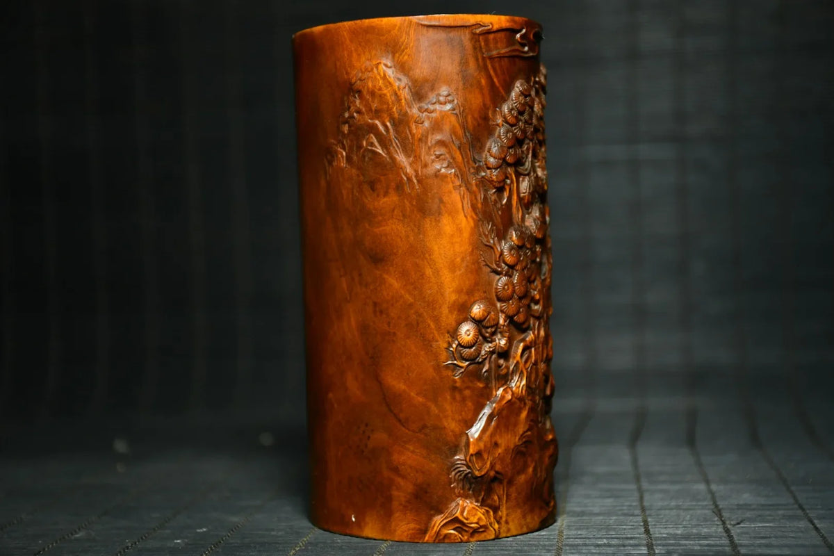 Tibetan Temple Boxwood Pen Holder – Golden Boy & Jade Girl Playing (Study Treasure)