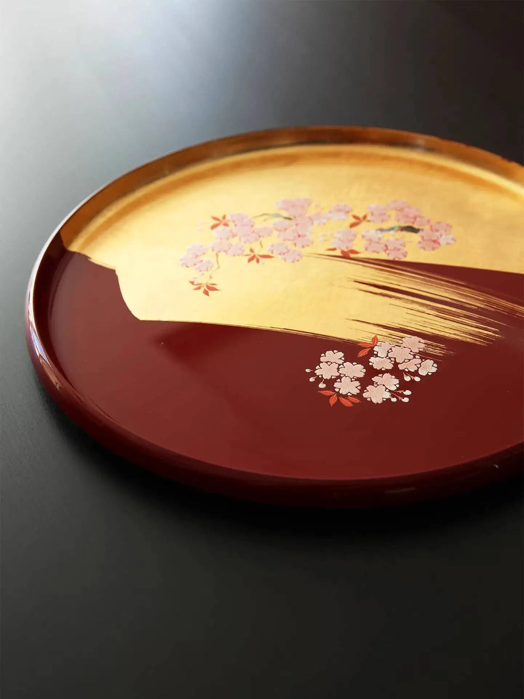 Handcrafted Japanese Lacquerware Tea Tray – Gold Leaf Sakura Floral Decorative Serving Dish