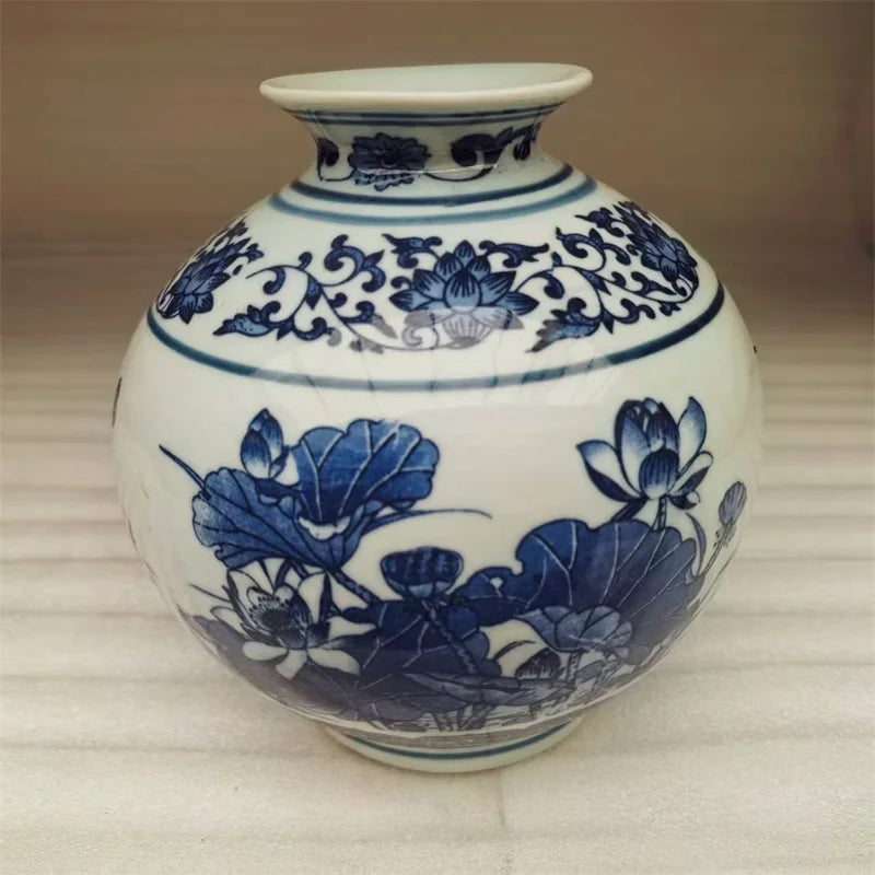 Replica of Old Chinese Porcelain Round Ball Vase Blue and White Lotus Bird Pattern