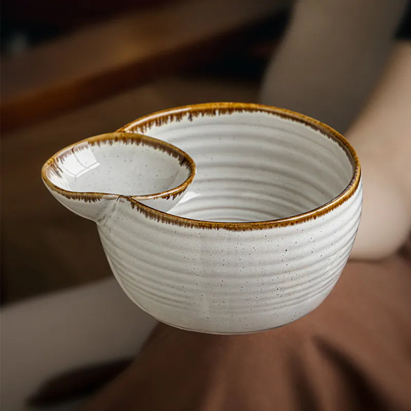 Japanese Ceramic Salad Bowl with Integrated Dip Cup – Reactive Glaze Serving Bowl