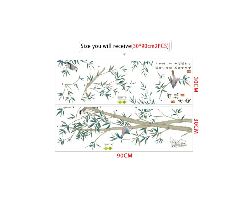 Chinese Ink-Style Bamboo & Songbirds Wall Decal – "Bamboo Bless Peace" Calligraphy Mural