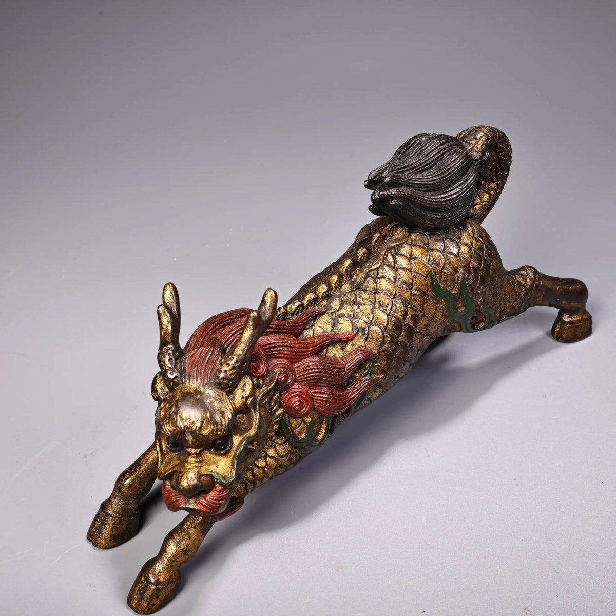 Tibetan Bronze Painted Kirin Wealth Guardian Statue