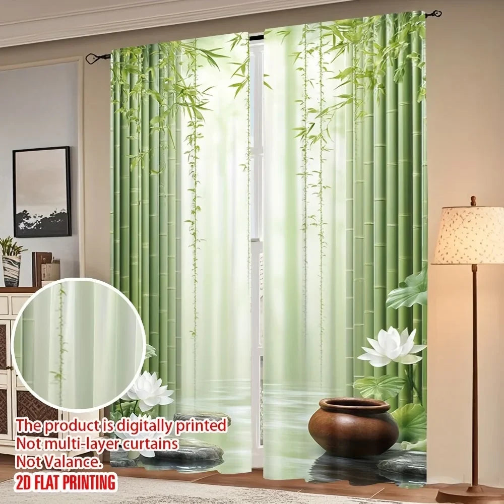 2-Piece Zen Botanical Window Curtains – Bamboo Forest & Lotus Flower Print