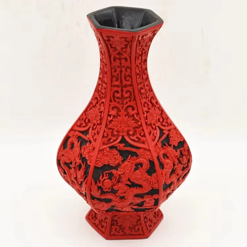Red Lacquer Dragon Vase, 10" Chinese Auspicious Decor