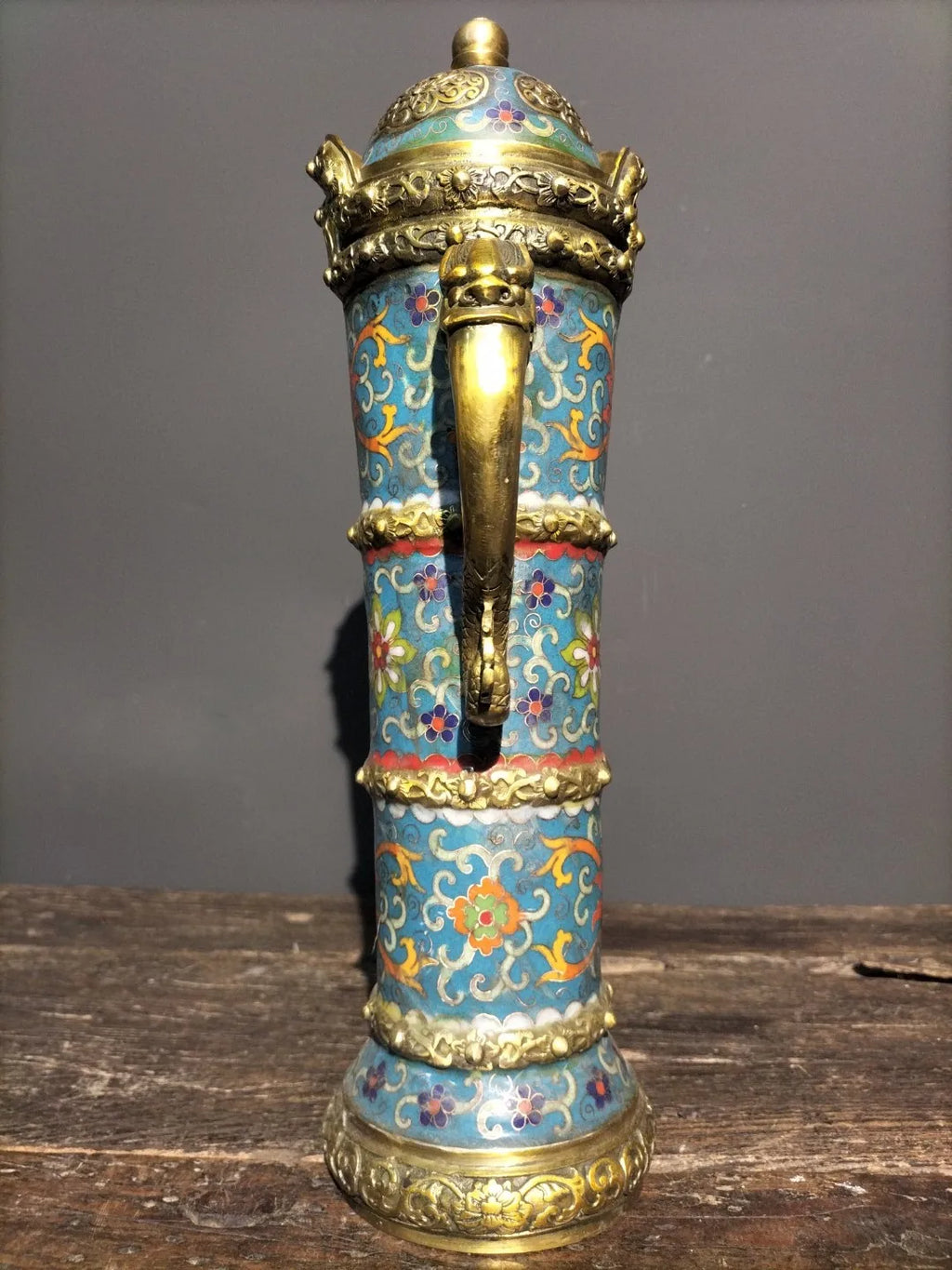 Tibetan Bronze Cloisonné Dragon-Handle Ghee Teapot (15")