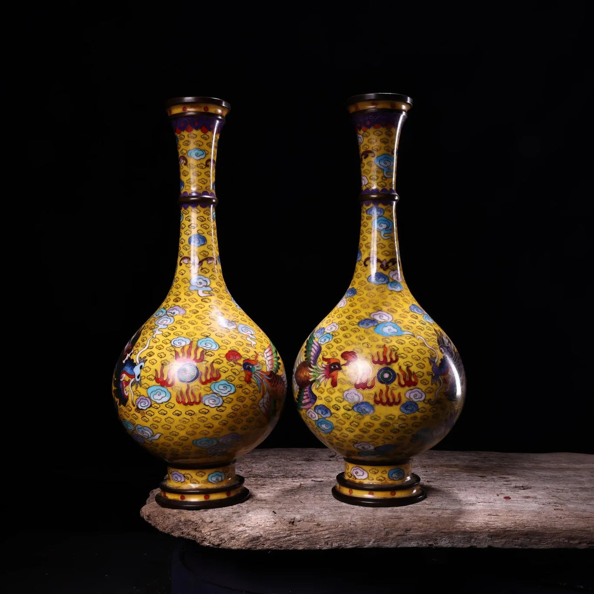 Tibetan Temple Vintage Cloisonné Dragon & Phoenix Vases – Bronze Bottle Pair (House Guardians)